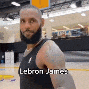 a basketball player with a beard is standing on a basketball court and says lebron james .
