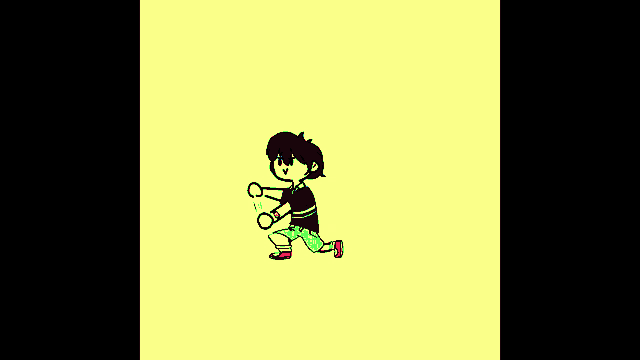 a cartoon of a boy kneeling down on a yellow background