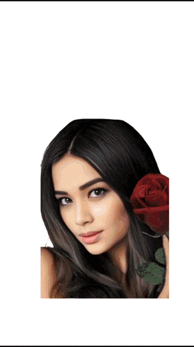 a woman with a red rose in her hair looks at the camera