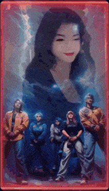 a group of people are standing in front of a woman in a red frame