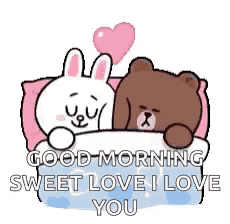 a brown bear and a white rabbit are laying in bed with a pink heart .