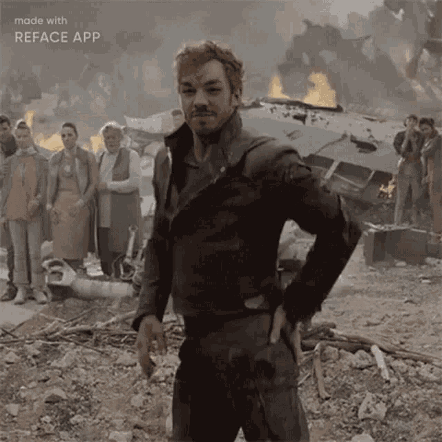 a man with his hands on his hips is standing in front of a group of people in a destroyed city made with reface app