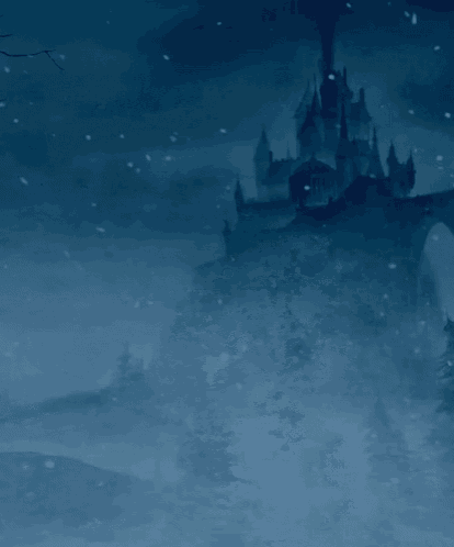 a castle is surrounded by snow and trees in the middle of a snowy forest at night .