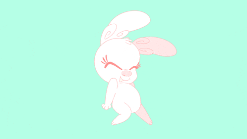 a cartoon drawing of a white rabbit with red eyebrows