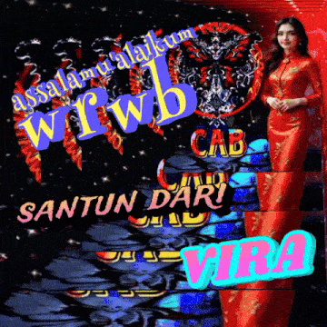 a woman in a red dress stands in front of a sign that says wwwb cab santun dari vira