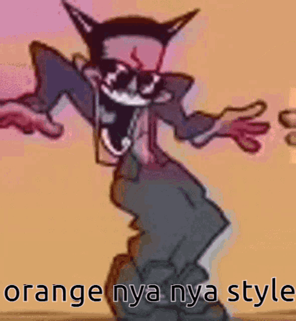 a cartoon character is dancing with the words orange nya nya style on the bottom
