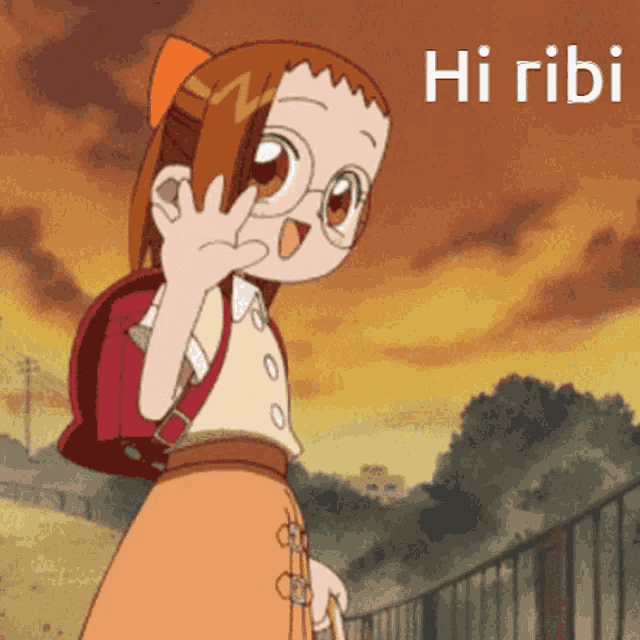 a cartoon girl with glasses and a backpack says hi ribi on the bottom