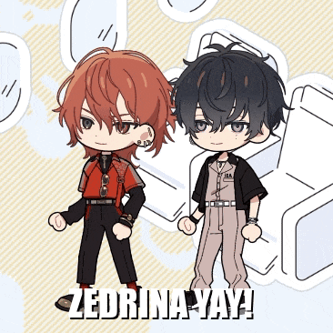 a couple of cartoon characters standing next to each other with the words zedrina yay written on the bottom
