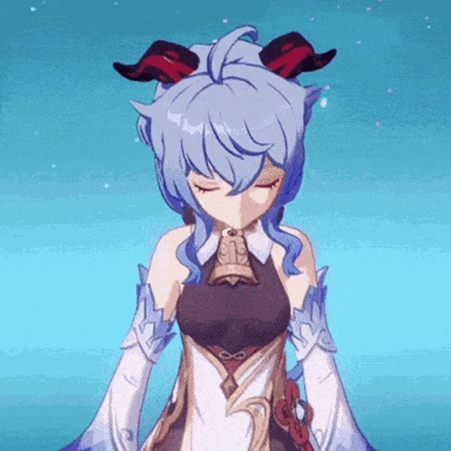 a blue haired anime character with horns on her head