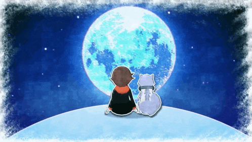 a boy and a cat are looking at the moon