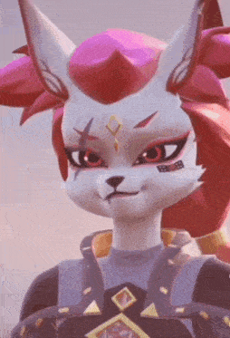 a close up of a cartoon character 's face with red eyes and pink hair .