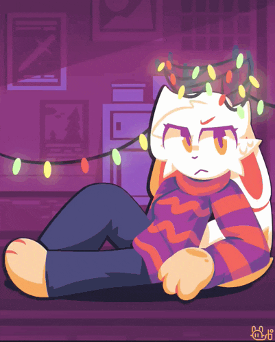a cartoon drawing of a rabbit with christmas lights on his head
