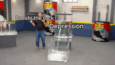a man is standing in front of a display of flex tape