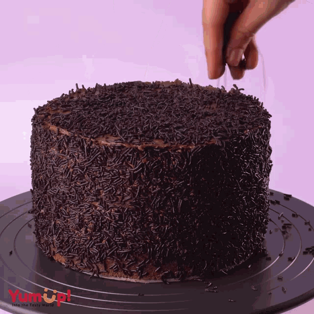 a chocolate cake covered in chocolate sprinkles is being decorated by a hand