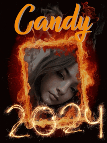 a picture of a girl with the name candy written in flames