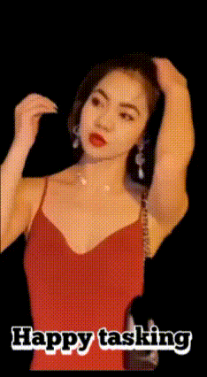 a woman in a red dress with the words happy tasking written below her