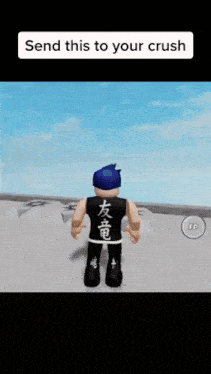 a roblox character with blue hair is walking on a concrete surface with the words send this to your crush above him