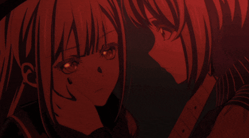 a couple of anime girls looking at each other in a dark room