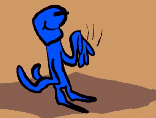 a cartoon drawing of a blue frog with a shadow on the ground