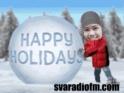 a boy holding a snowball with the words happy holidays on it