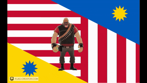 a man standing in front of a flag that says flag-creator.com on the bottom