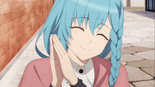 a girl with blue hair has her hands folded on her face