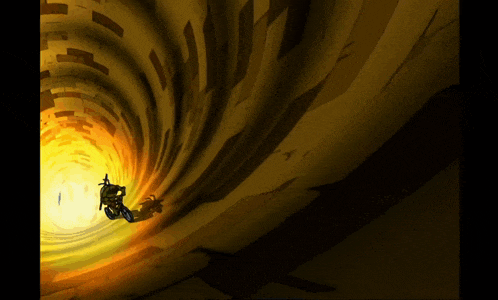a cartoon character is riding through a tunnel