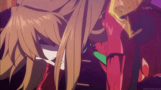 a close up of a cartoon character with long hair and a red shirt