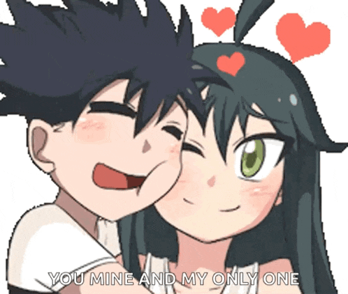 a boy kissing a girl on the cheek with the words " you mine and my only one " above them