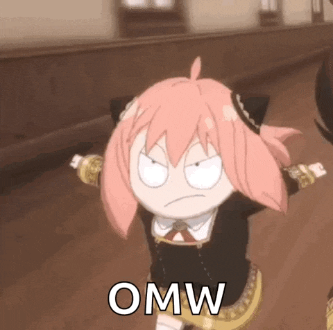 a cartoon girl with pink hair is making a funny face and says omw .