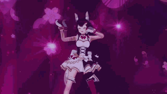 a girl in a maid outfit is standing in front of a purple background .