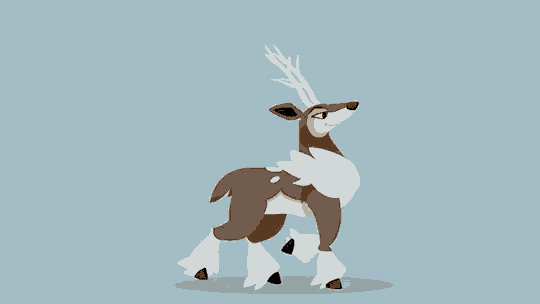 a cartoon illustration of a brown and white deer with antlers walking on a blue background .