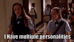 two girls in school uniforms are walking down a hallway with the words i have multiple personalities above them