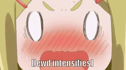 a close up of a cartoon girl 's face with her mouth open and the words `` lewd intensifies '' .