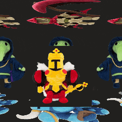 a group of stuffed animals including a knight with the letter t on his crown