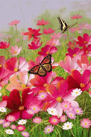 a painting of a butterfly flying over a field of pink flowers