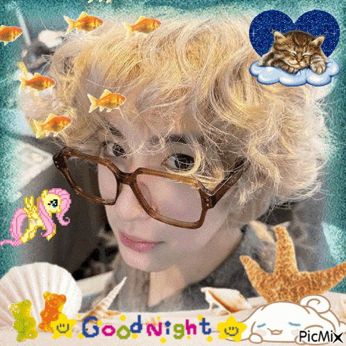 a picture of a girl with glasses and the words goodnight on it