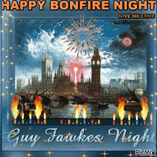 a picture of a fireworks display with the words happy bonfire night guy farukes night