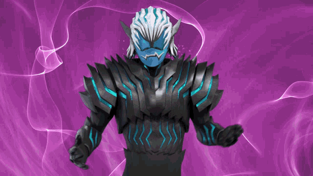 a purple background with a person in a black and blue costume