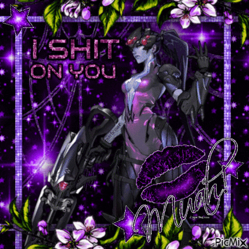 a picture of a woman holding a gun with the words " i shit on you " on it
