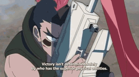 a man holding a gun with the words victory isn 't determined solely by who has the superior physical abilities below him