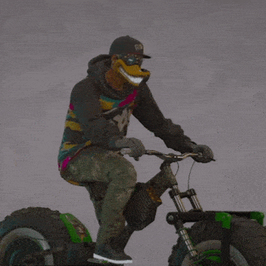 a man wearing a duck mask is riding a green bike