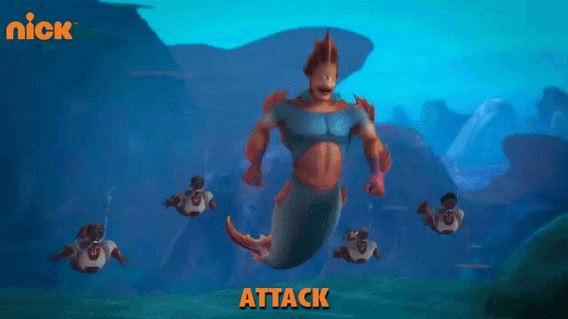 a group of people are swimming in the water and the word attack is on the bottom of the image