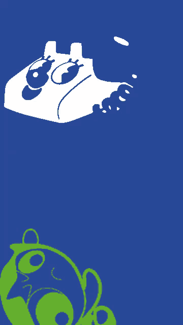 a blue background with a drawing of a boat and a green object
