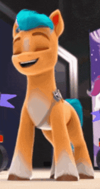 a cartoon pony with a blue mane is smiling and standing on a floor .