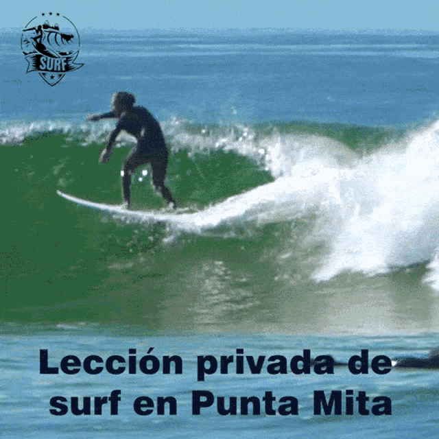 a person riding a wave with the words lección privada de surf en punta mita below