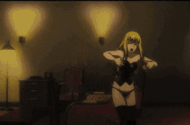 a man and a woman are standing in a dark room