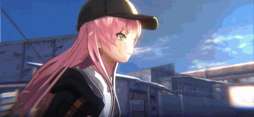 a girl with pink hair wearing a black hat