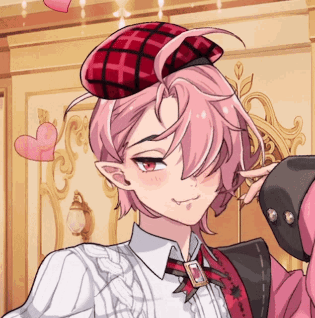 a cartoon character with pink hair and a red hat