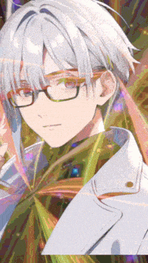 a boy with white hair and glasses is wearing a white jacket